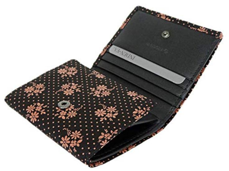 Indenya Inden Bifold Wallet with H-shaped Bill Compartment and Box-Shaped Coin Purse, Deerskin Leather, Black with Pink Lacquer, Cosmos Pattern,