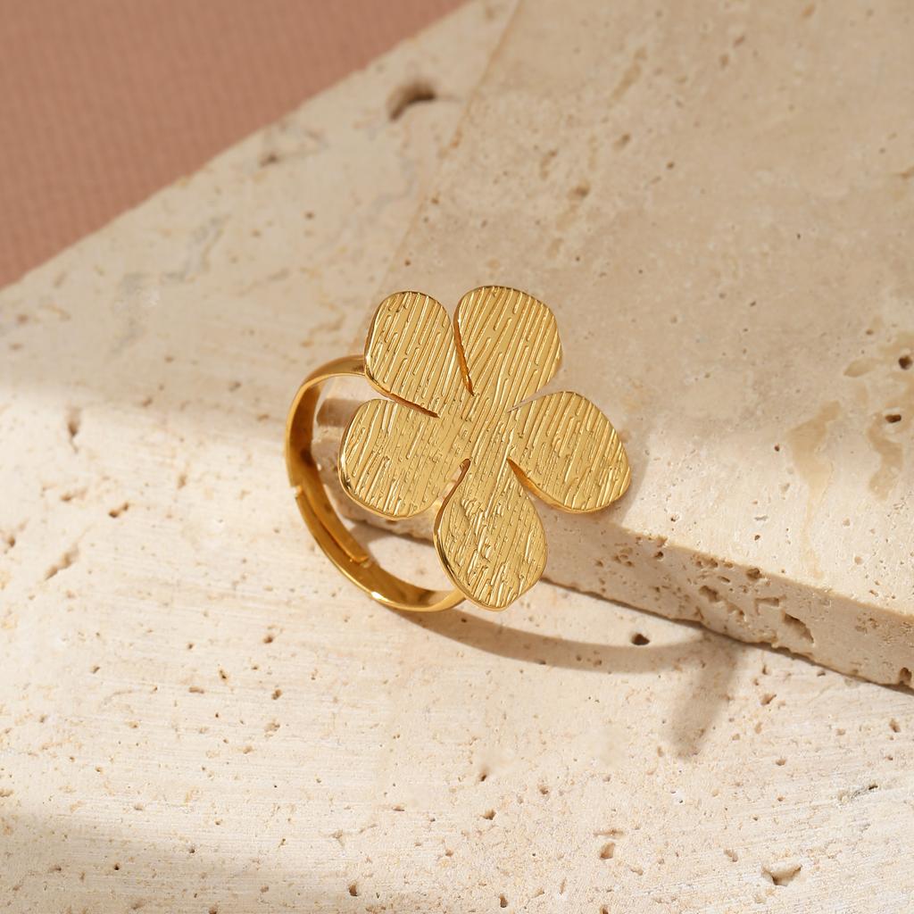 Golden Plated Brushed Flower Open Adjustable Ring for Women Elegant Statement Jewelry Gift