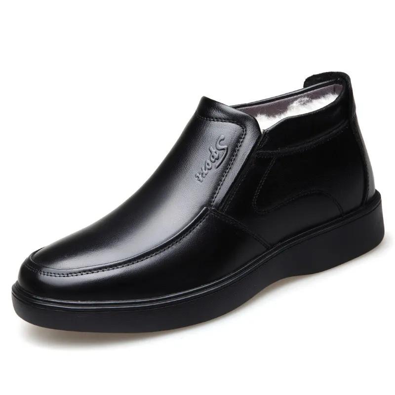 Äkta Läder Ull Bomull Skor för Män Varma Vinter Fodrade med Fleece och Förtjockade Halkfria Mjuka Herrstövlar Skor