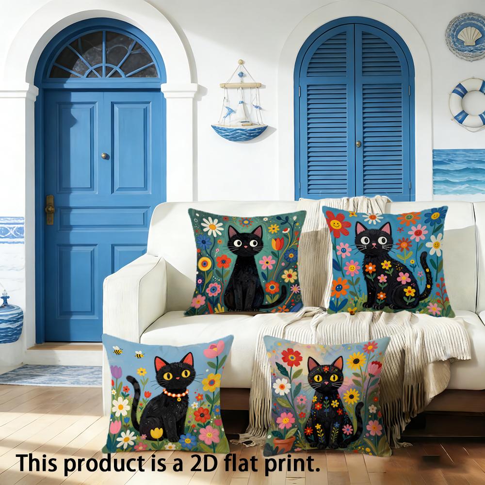 1/4Pcs Black Cat Floral Pillowcases For Cozy Decor Sofa Cushion Cover Home Bedroom Room Decoration