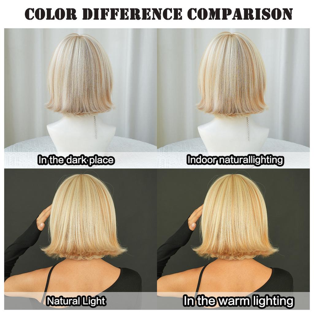 Daily Date Short Straight Synthetic Wigs for Women Blond Beige Bob Wigs with Bangs Cosplay Party Heat Resistant Fake Hair