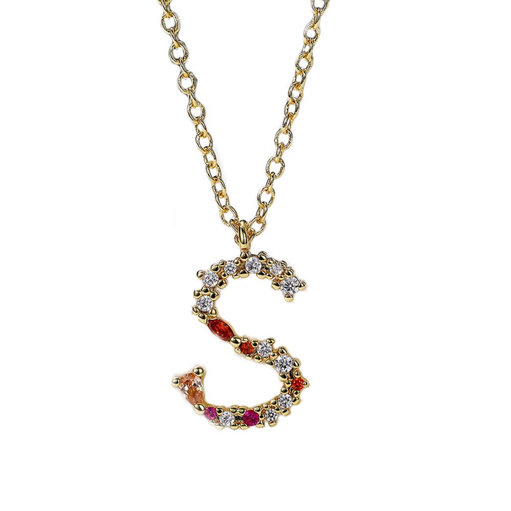Gold Plated Initial S CZ Pendant Necklace, Dainty Multicolor Stone Letter Cable Chain Necklace for Women
