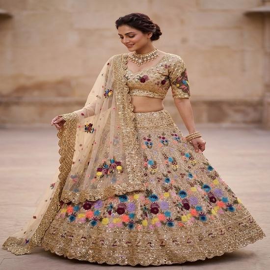 Radiant Floral Embellished Gold Lehenga FREE SIZE