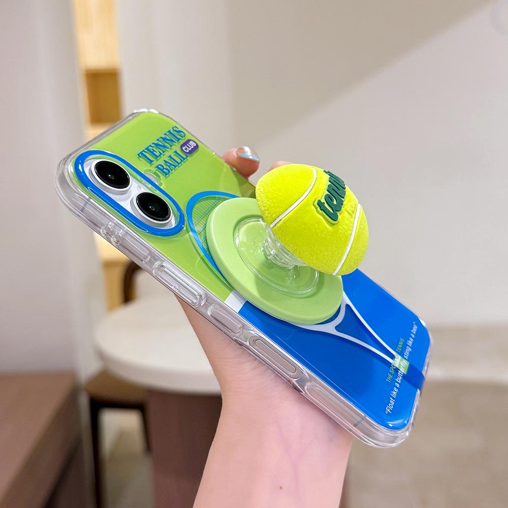 3D Tennis Ball Sport Magnetic Grip Tok Stand Holder Phone Case for iPhone 17 16 14 15 Pro Max Shockproof For Magsafe Back Cover