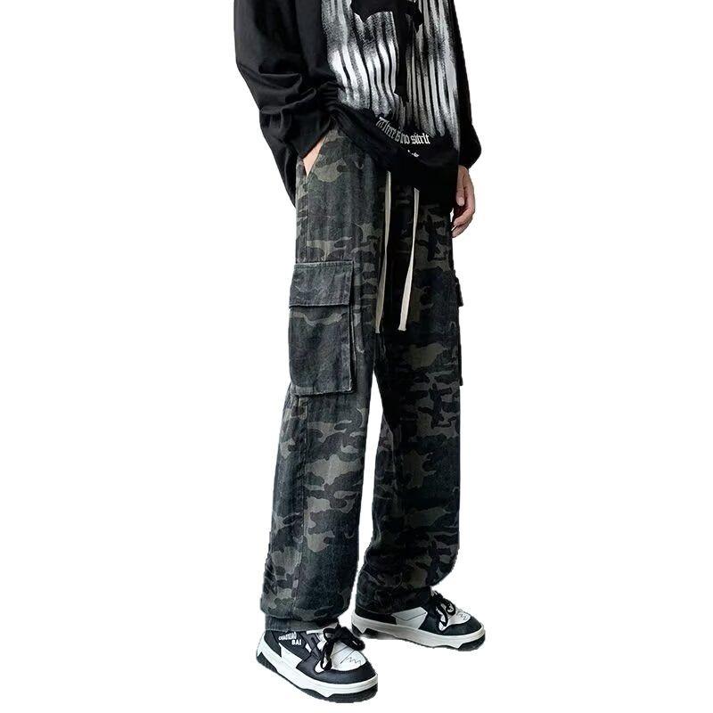 Spring and autumn trendy brand tooling camouflage elastic waist jeans boys multi-pocket design niche straight wide-leg pants