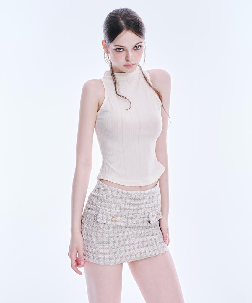 Akeumeseodeu Mock Neck Rib Sleeveless Top (Beige)