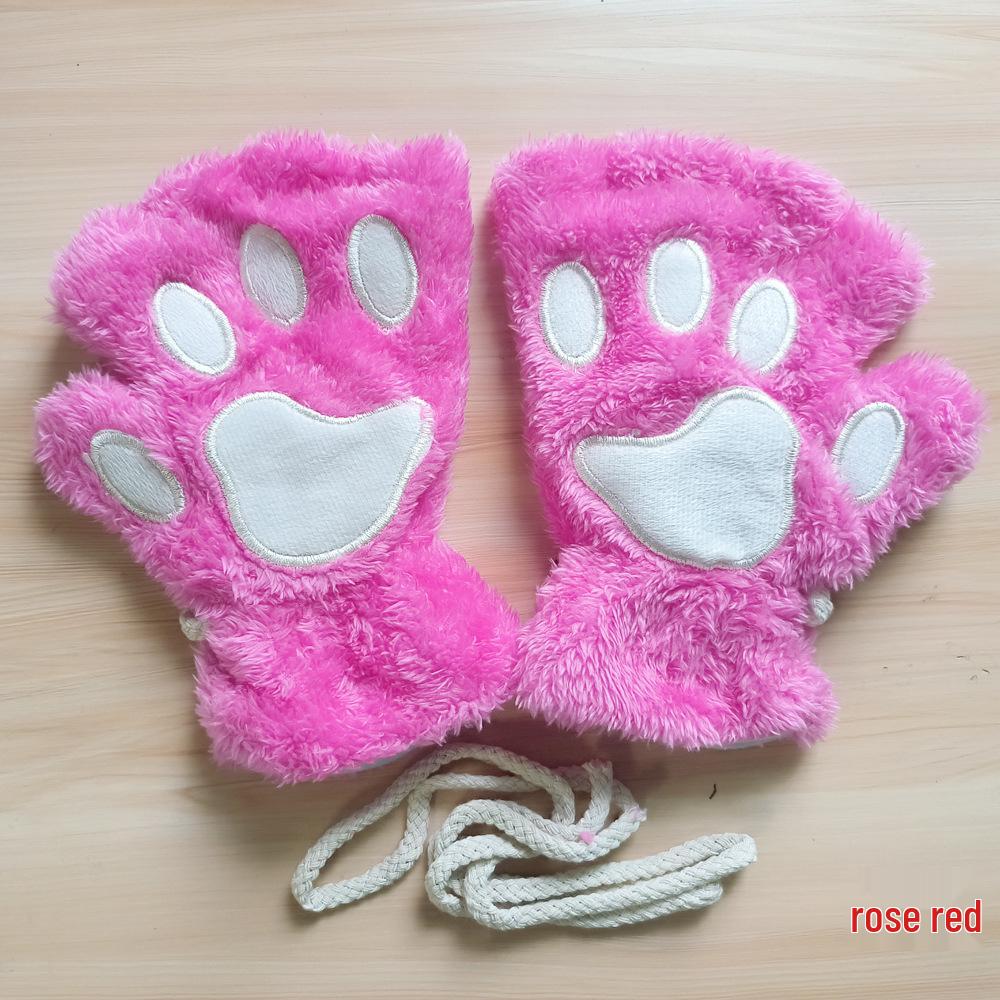 Women's Cute Cartoon Bear Paw Fingerless Plush Gloves with Hanging Neck