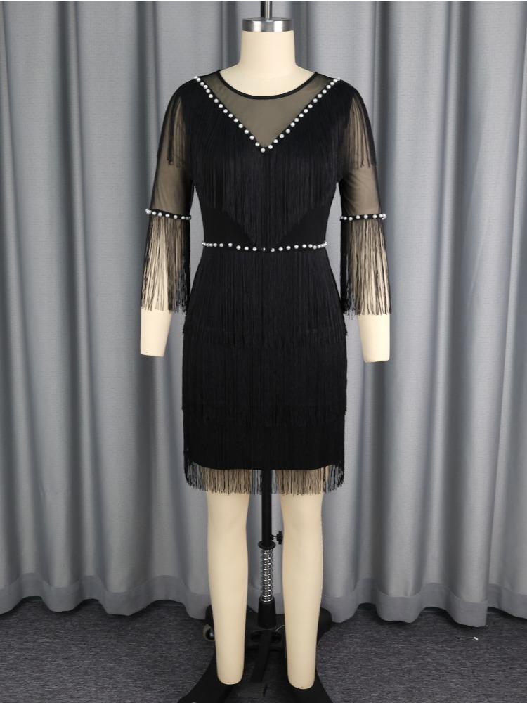 Black Stylish Bodycon Mini Fringe Dress Sheer O Neck Pearl Trim High Waist Tierred Slim Party Nights Out Special Events Gowns