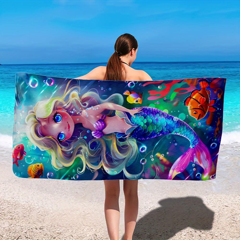 Cute Cartoon Mermaid Printed Beach Towel Ultra Soft Thickened Microfiber Swimming Shawl for Travel Surf Outdoor Sports Bath
