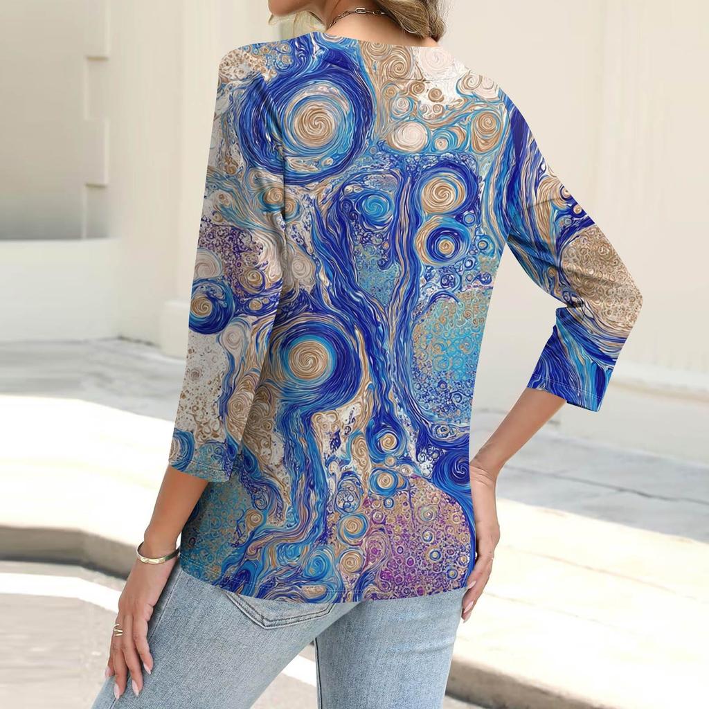 Damenmode Lässiges bedrucktes Button-Down-Hemd 3/4 lange Ärmel Oberteile