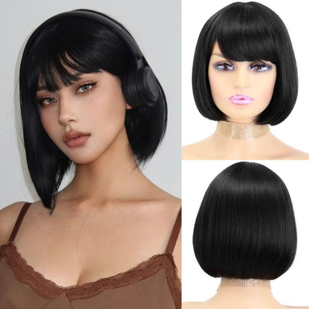 Harajuku Women Layered Wig Cosplay Pink Black Orange Short Wigs Bob Straight Hair Wigs  for Women