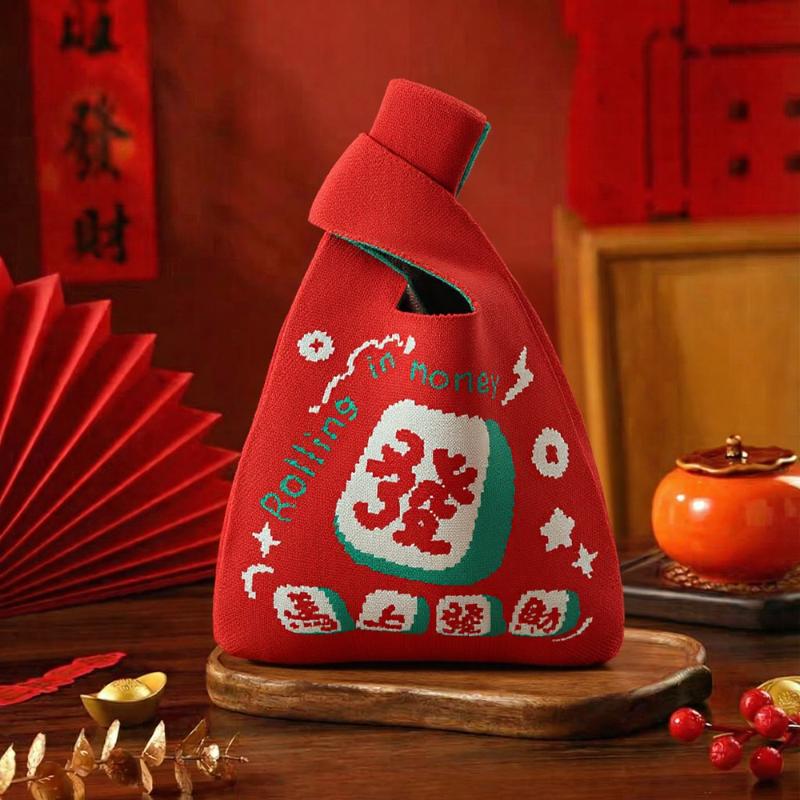 Horse Year Knitted Storage Bag Large Capacity Portable Handbag Year Casual Tote Bag For Daily Matching And Outings