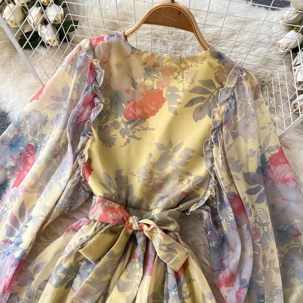 RUGOD Vacation Style Deep V-neck Lantern Sleeves Pleated Long Dress Early Spring Gentle Style Tea Break French Oil Painting Dress