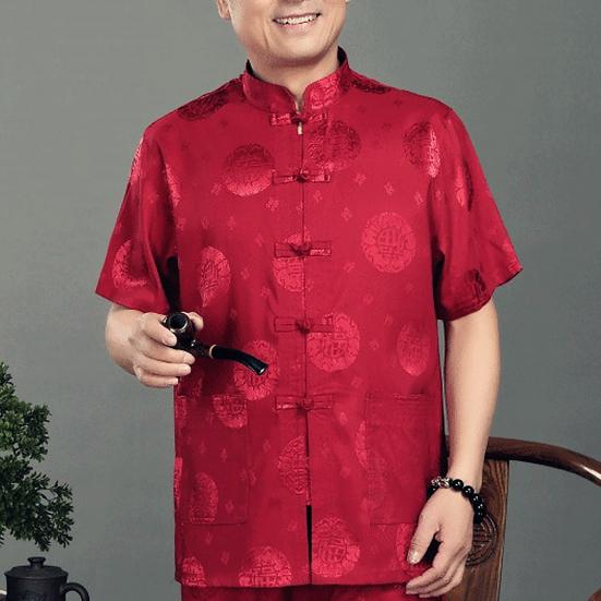 Men Shirt Blessing Pattern Knot Buckle Short Sleeve Solid Color Stand Collar Tang Suit Shirt Kung Fu Clothes for Chinese New Year