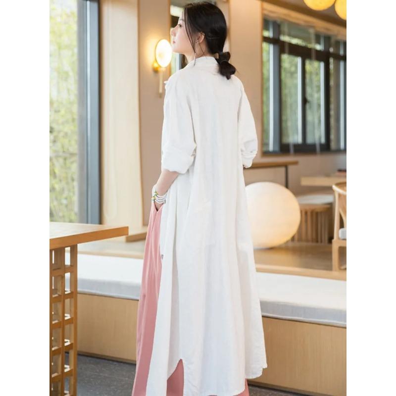 Women Vintage Linen Long Shirts Solid Color Long Sleeve Blouses Spring Button Turn Down Collar Shirt