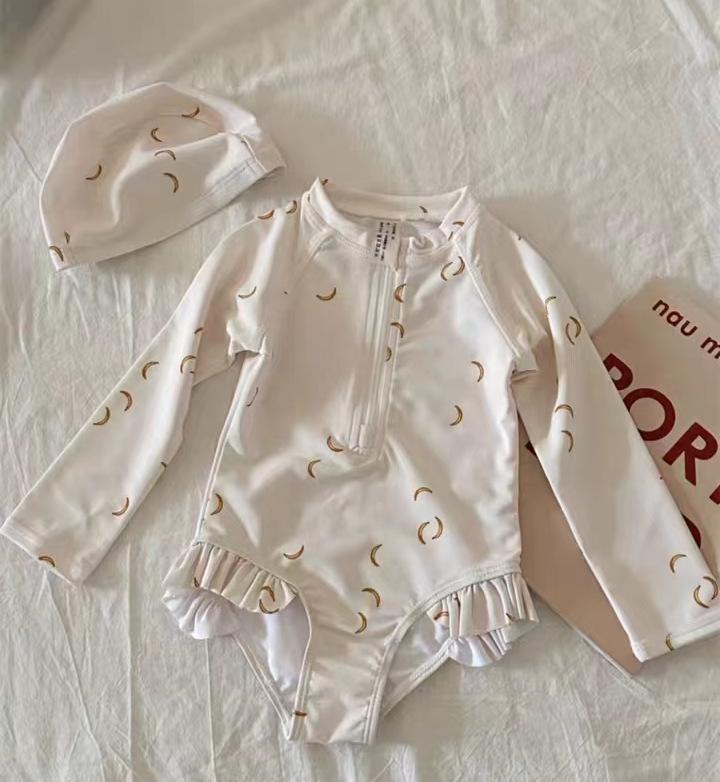 Flickors snabbtorkande blommig långärmad solskydds-baddräkt - Moderiktig prinsessstil