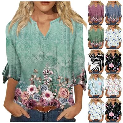 Women's Top Loose Casual V-neck Printed Blouses Bell 3/4 Sleeve T-shirt