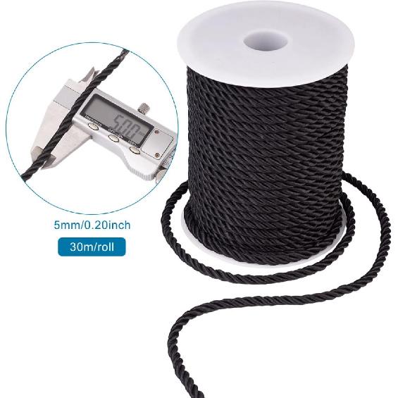 32.8 Yards Black Polyester Twisted Trim Cord Rope 5mm Twisted Decorative Cord Trim Thread String for Upholstery Curtain Tieback Honor Cord Home