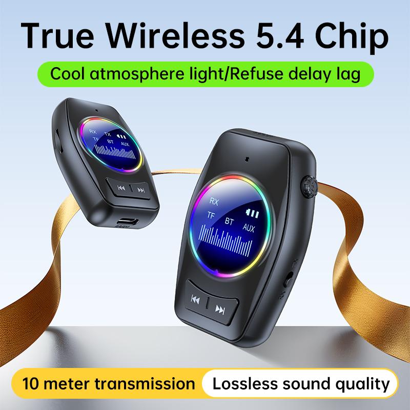 Bluetooth 5.4 Audio Transmitter Receiver RGB LED Display Hifi Stereo Music Wireless Adapter 3.5MM AUX TF With Mic For TV PC Car