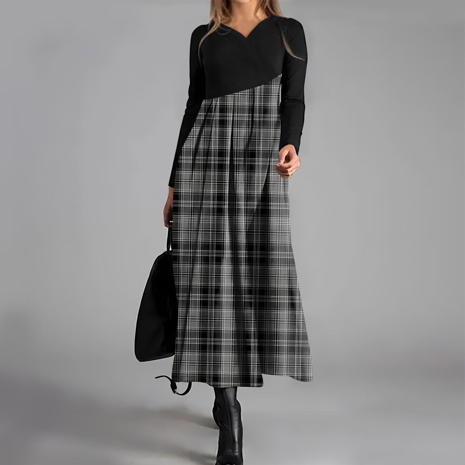 

Women s Casual V-neck Long Sleeved Dress With Checkered Print, Waist Cinching Pocket, And Large Swing Dress XXXL чёрный