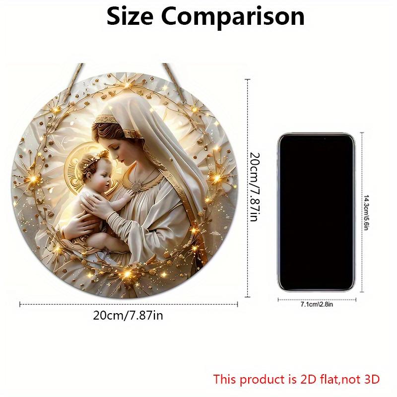 Virgin Mary & Jesus Wooden Sign, Round Front Door Decor, Golden Halo Religious Wall Hanging - Ideal for Christian Home & Church Decor