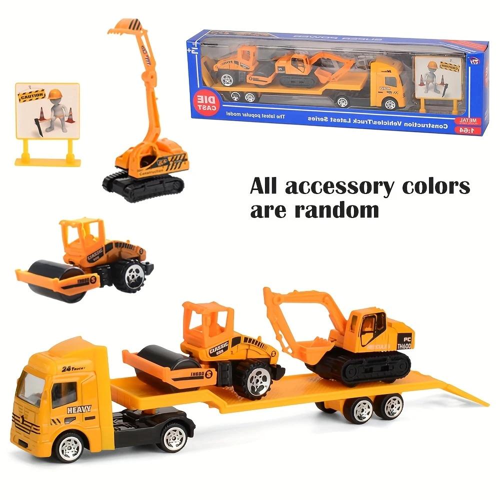 Friction Powered Carrier Truck Toy Push and Go Construction Car Toy Alloy Tow Trailer Trucks Set Gift for Toddlers Boys Girls