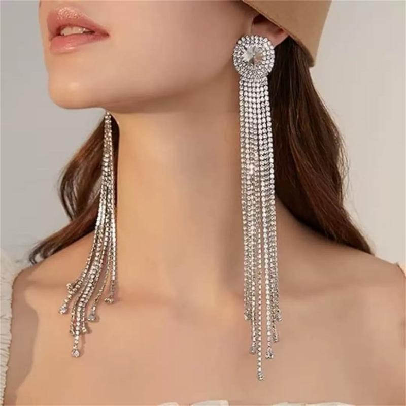 Lightweight Alloy Rhinestones Long Drop Earrings Featuring Flowing Tassels Design Comfortable for Extended Daily Use