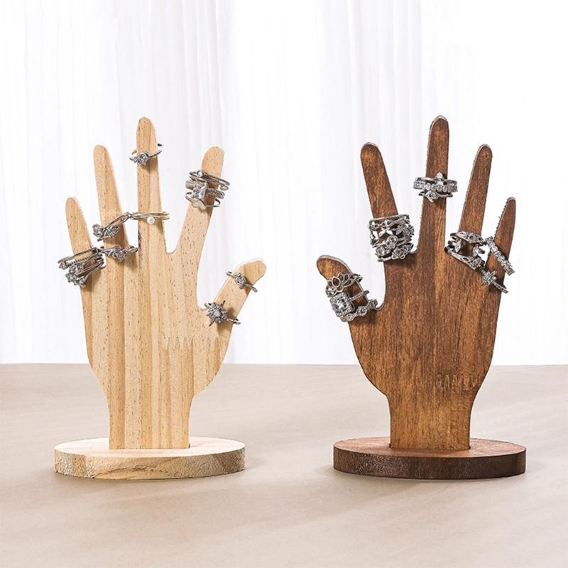 2 Piezas Escultura de Madera Maciza con Forma de Mano para Anillos Elegante Soporte de Exhibición de Joyería y Accesorios para Escaparate de Boutique