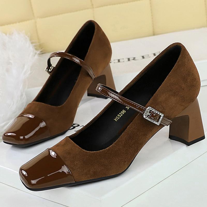 

BIGTREE Shoes Leopard print Women Pumps Suede Middle Heel shoes Sexy Mary Jane Shoes Rhinestone buckle Ladies Shoes Square head 34