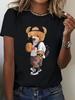 T-shirt da donna a maniche corte e girocollo con stampa a fantasia di orsi, top casual comodo, abbigliamento sportivo da donna cartone animato