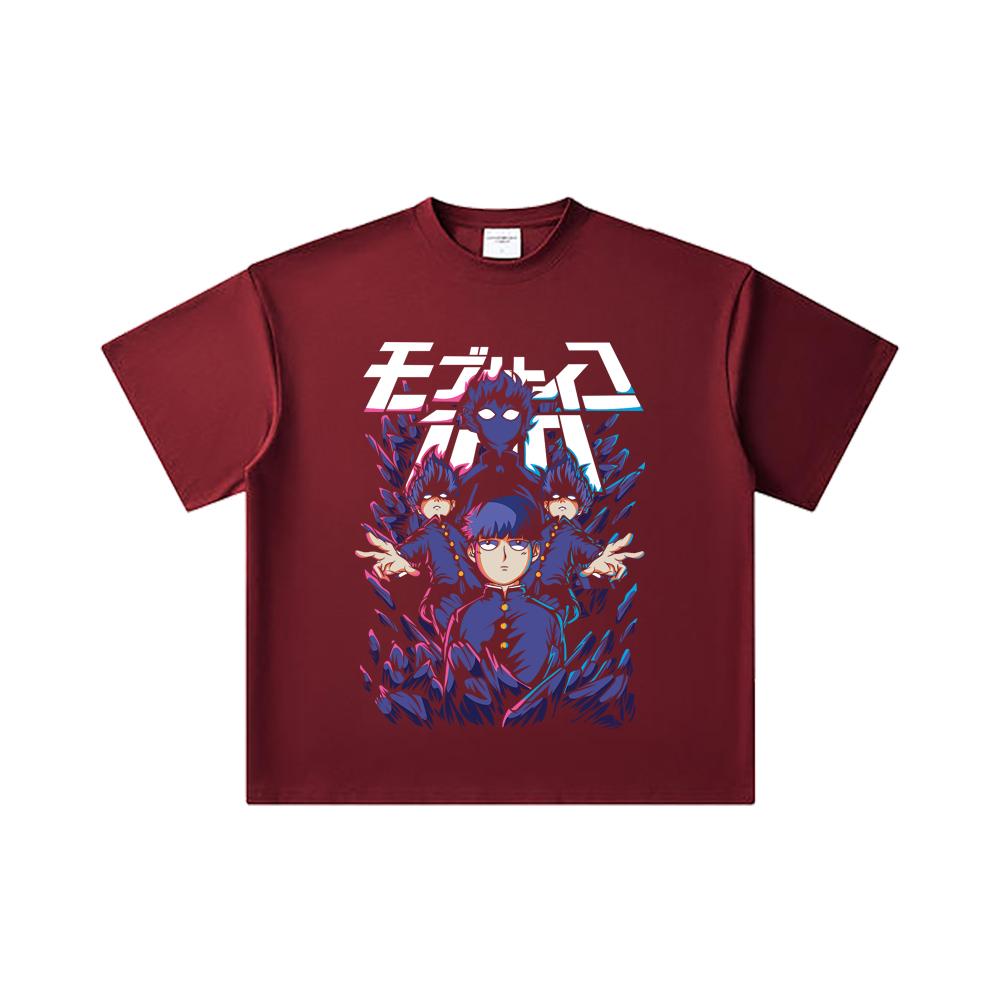 

260 GSM Double Yarn 32 Count 100% Cotton Mob Psycho 100 V1 Shiego Print Unisex Heavy Cotton T Shirt 2XL вина червоного кольору