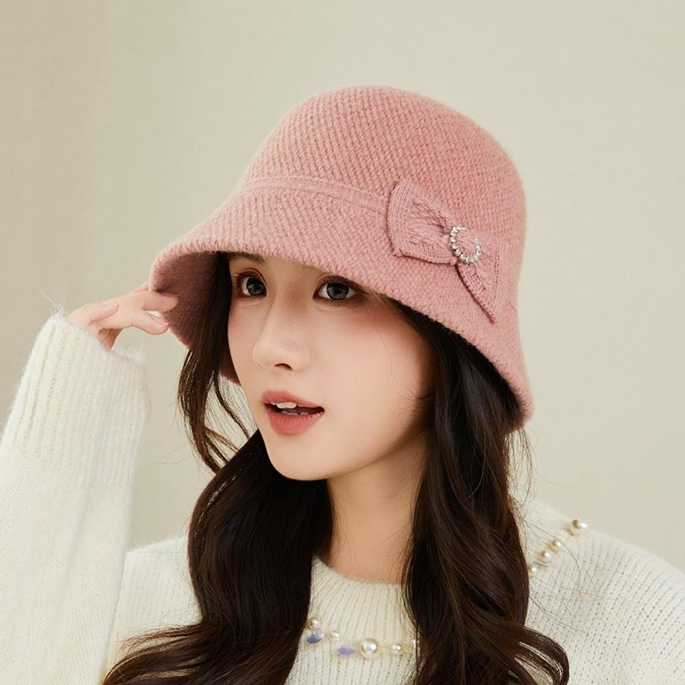 Elegant Bow Fisherman Hat Thickened Windproof Bucket Hat Solid Color Foldable Basin Caps