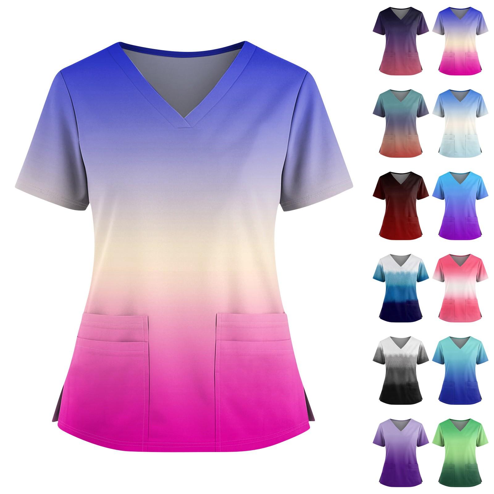 

Women s Fashionable Printed V Neck Double Pocket Short Sleeved Shirt With Slit Hem Uniform And Worker Top XXXXXL зелений