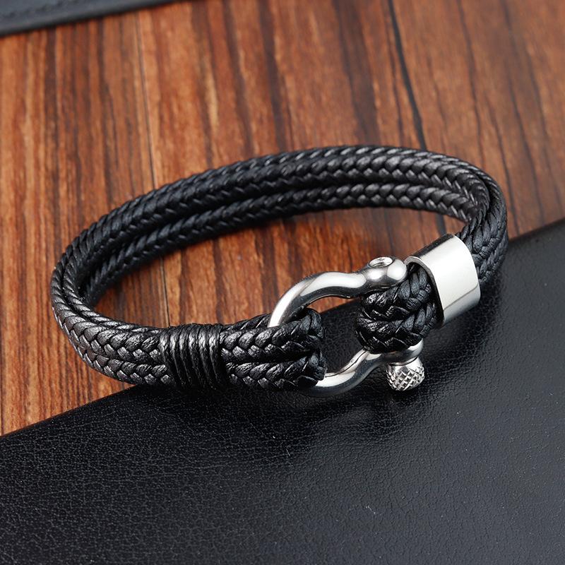 Vintage Double Layer Horseshoe Buckle Leather Rope Bracelet Men Personality Leather Bangle 19cm