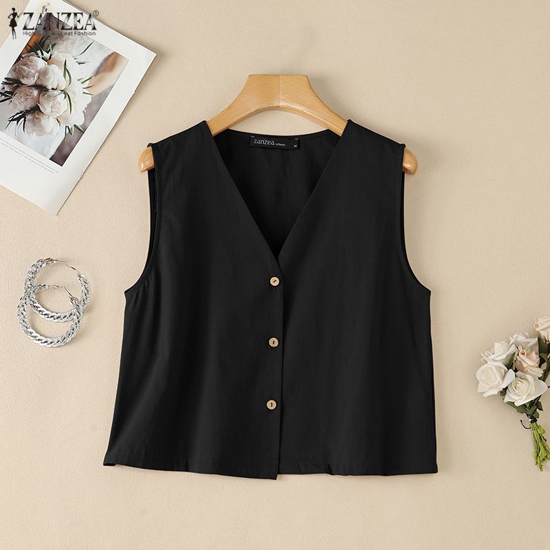 ZANZEA Women Casual V-Neck Solid Color Loose Sleeveless Cotton Tank Tops