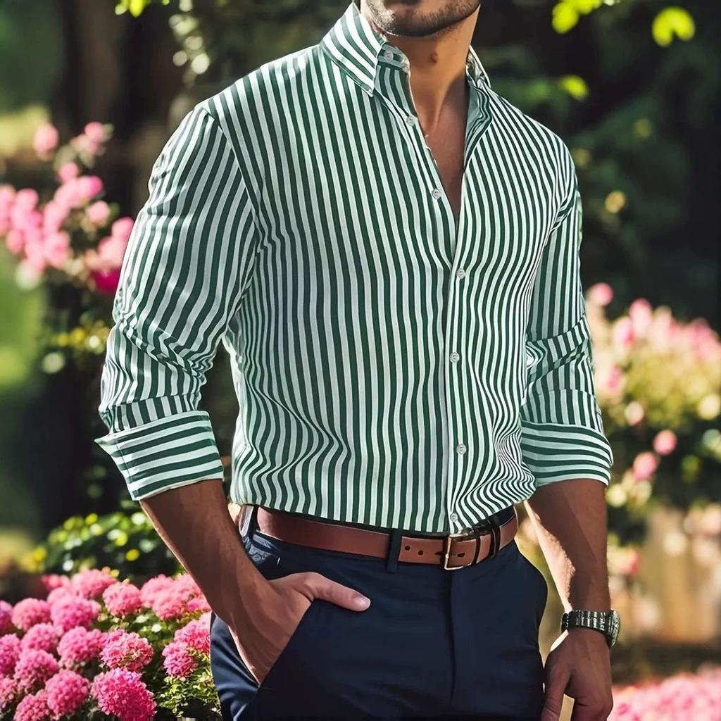 Chemise Décontractée Rayée pour Homme à Impression Numérique 3D à Manches Longues