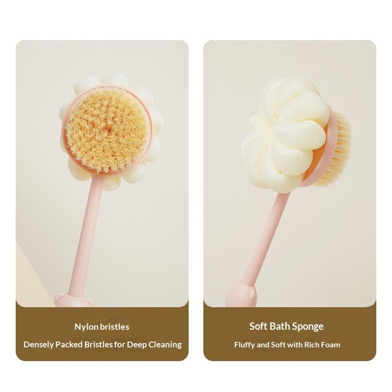 2 In 1 Long Handle Exfoliating Bath Brush Soft Bristles Loofah Puff Back Scrubber for Home Shower Body Cleaning