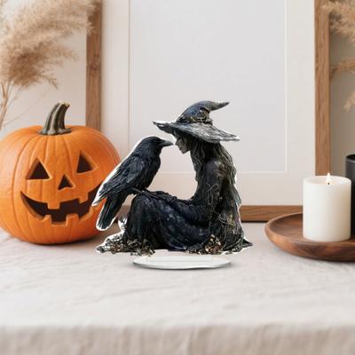 Halloween Wrona Wiedźma Ozdoba Akrylowa 2D Straszna Wrona Wiedźma Znak Stołowy z Podstawą Dekoracja na Biurko Półka na Książki do Domu Biura