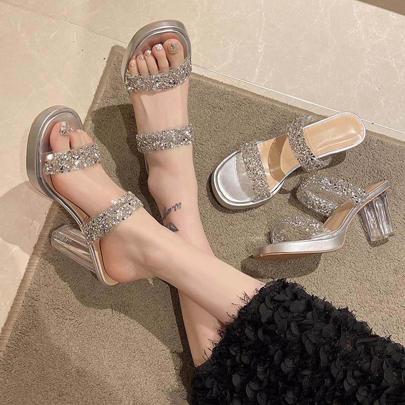 Transparent sandals women's summer new versatile large size outer slippers crystal temperament waterproof table super high heels