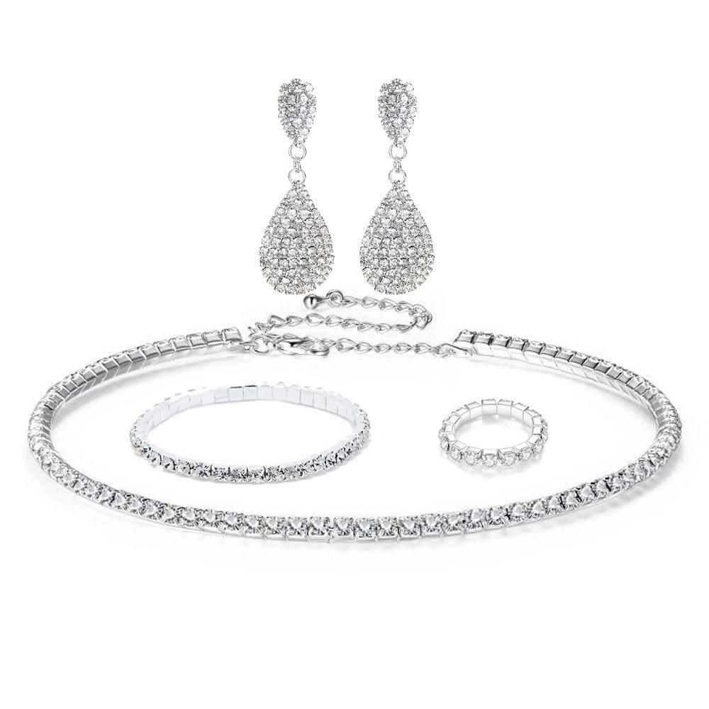 Bride's wedding dress - silver four-row necklace, earrings, elastic wristbands, elastic rings - a set of 4 items