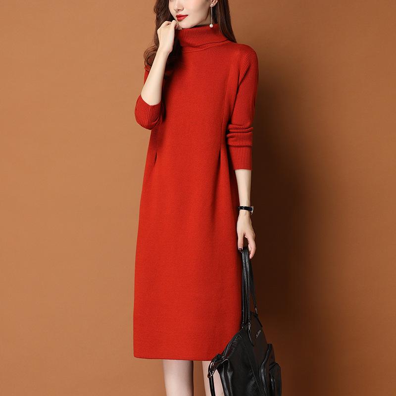2025 Women's Winter Turtleneck Sweater Dress - Mid-Length Pullover with Over-Knee Skirt and Cashmere Coat