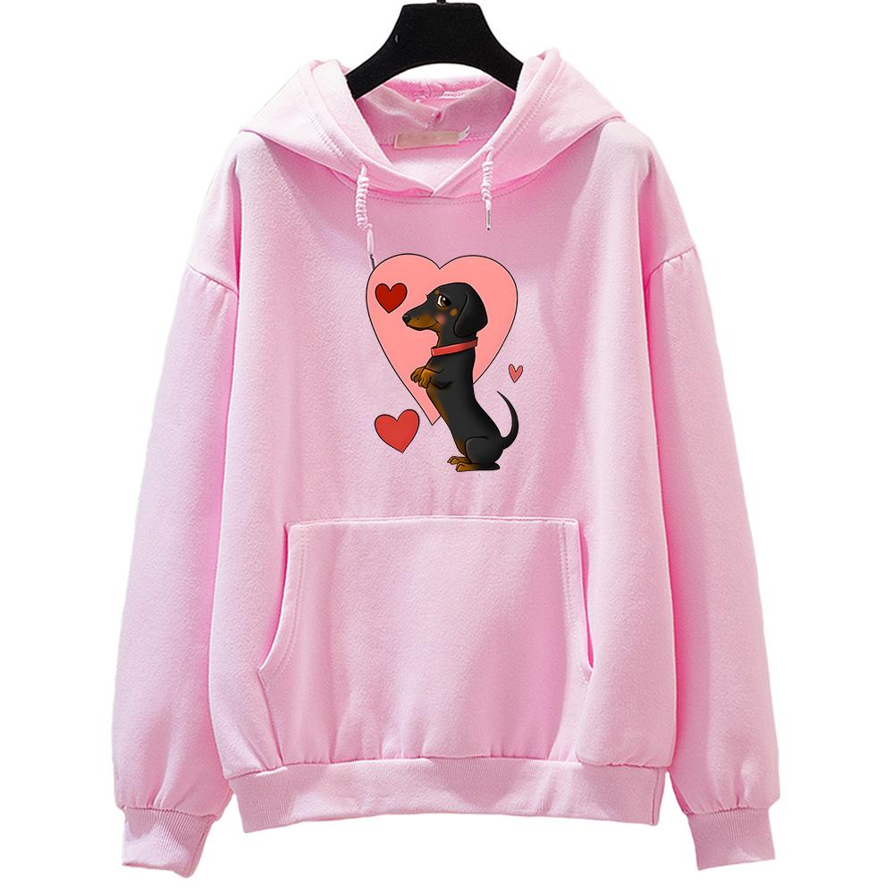 Kapuzenpullover mit Dackel-Grafik, niedlicher Tierdruck, Kleidung für Damen, liebevolle Kapuzenpullover, Herbst/Winter, Fleece-Sweatshirt, Unisex-Kapuzenpullover