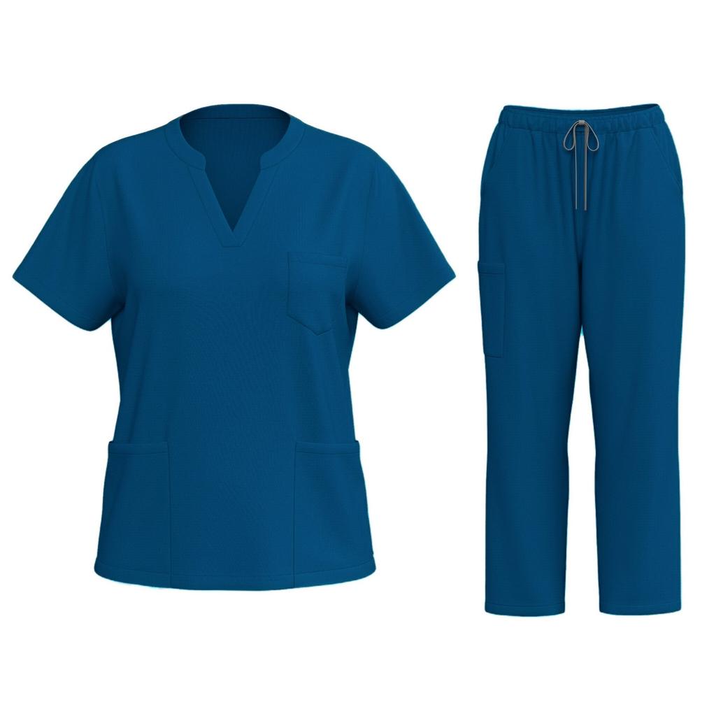 Women's Fashion Short Sleeve V Neck Pattern Tops Pocket Working Set