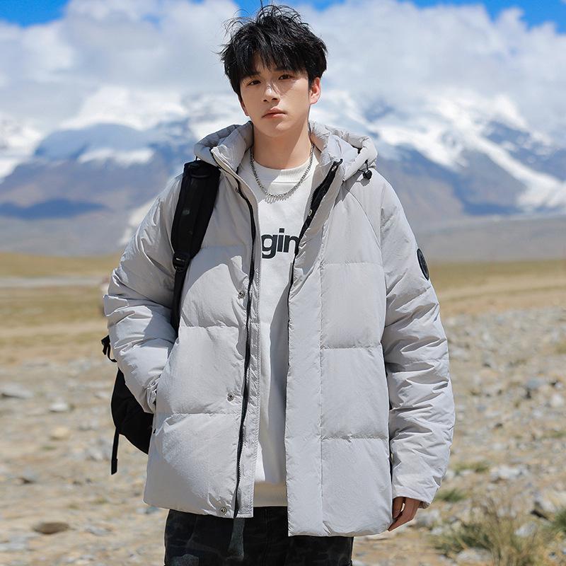 Men's 2025 Winter Hooded Down Jacket - Color Block, Zipper Pockets, Thick, Loose Fit, 90% White Duck Down.