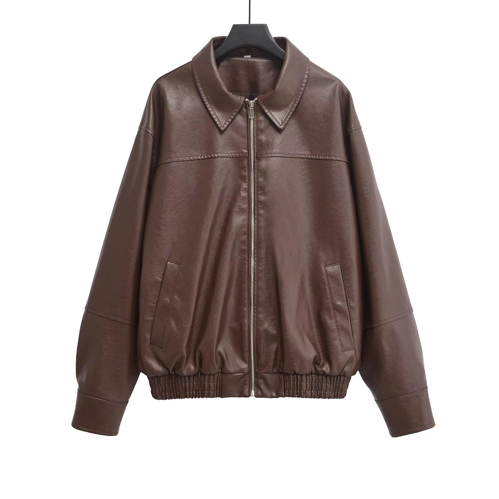 

Женская мотоциклетная куртка из искусственной кожи с отложным воротником - Универсальная, свободного кроя, европейская и американская мода. S темно-коричневого