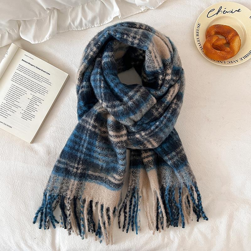 2025 Retro Korean Style Women's Warm Plaid Scarf & Shawl in Brown