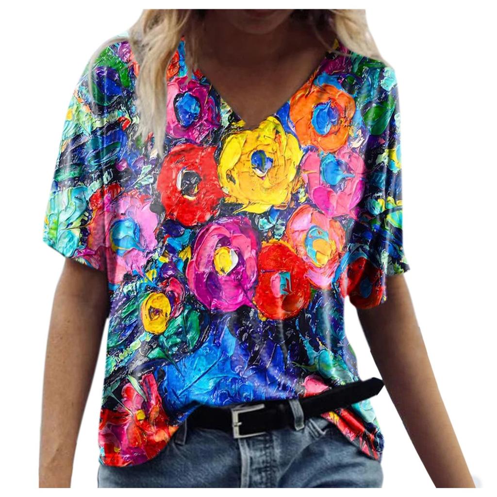 Women Floral  Print V-Neck Short-Sleeved Top T-Shirt