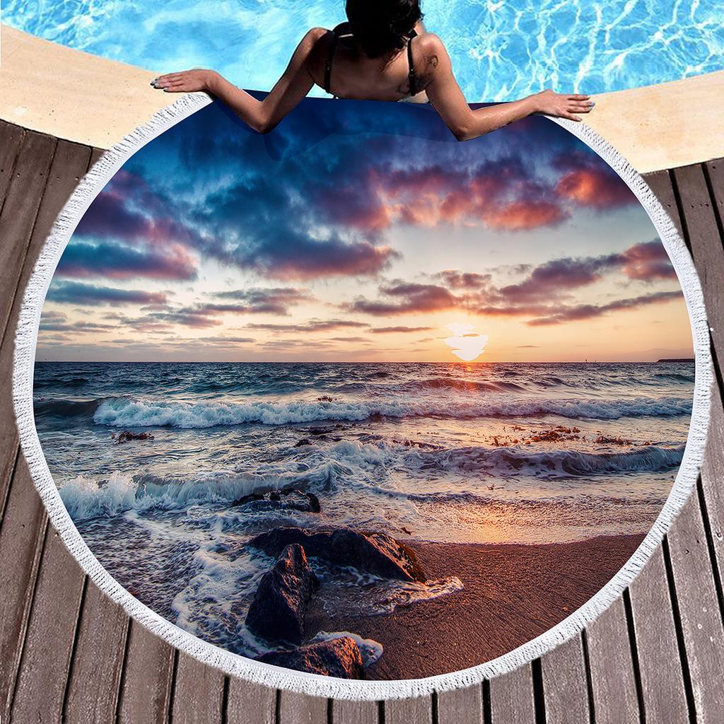 Natural Scenery Sea Rock Round Beach Towel, Ocean Theme Beach Blanket,Soft Absorbent Quick Dry Pool Towel Portable Picnic Mat