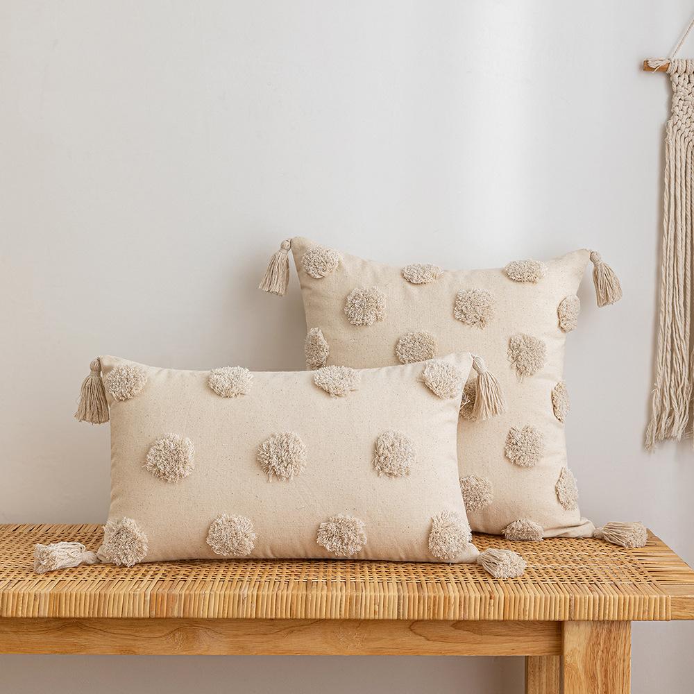 Wasabi Tufted Pillow Case Geometric Embroidered Tassel Sofa Cushion Case Bohemian Bathroom Windows Pillow Premium