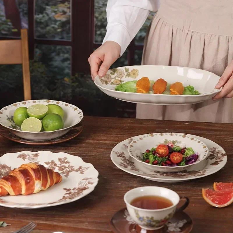 SOLECASA European Style Retro Ceramic Tableware Rose Pattern Bowl Plates Dessert Dish Spaghetti Plate Fruit Salad Bowl household